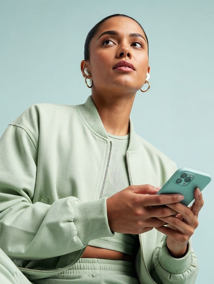 Mulher de jaqueta verde-clara segurando o celular, sobre fundo azul-claro